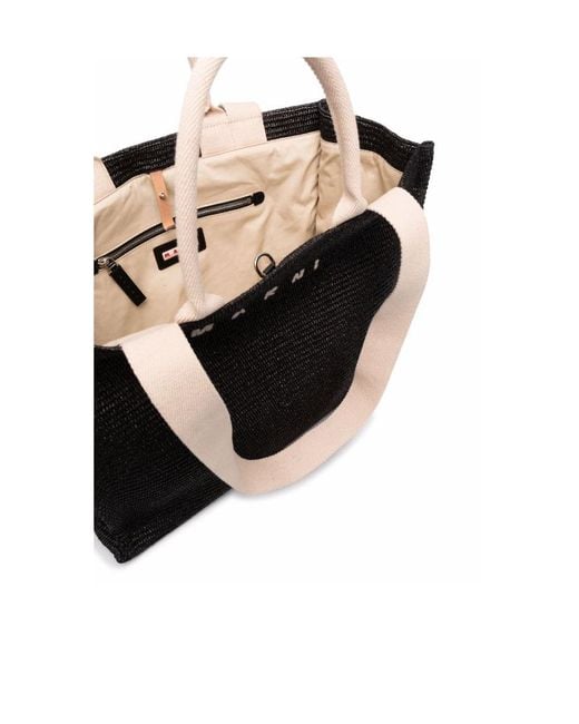Marni Black Logo Embroidered Raffia Top Handle Tote Bag for men