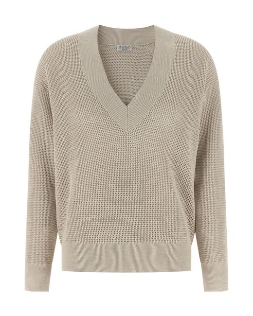 Brunello Cucinelli Gray V-Neck Openwork Sweater