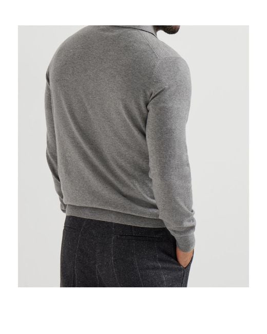 Brunello Cucinelli Gray Long-Sleeved Knitted Polo Shirt for men