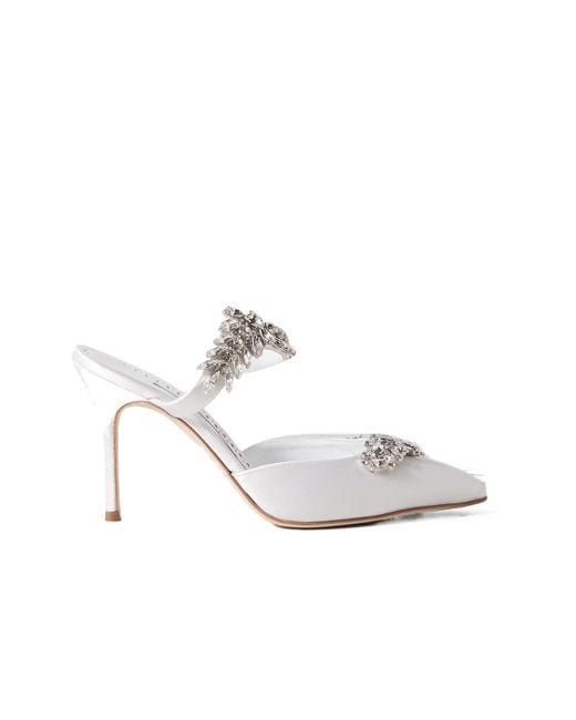 Manolo Blahnik White Lurum 90 Crystal-Embellished Mules