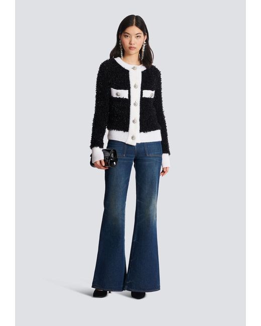 Balmain Black Glitter Detailed Contrasted Trim Cardigan