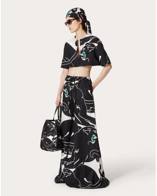 Valentino Black Poplin Leopard Print Casual Pants
