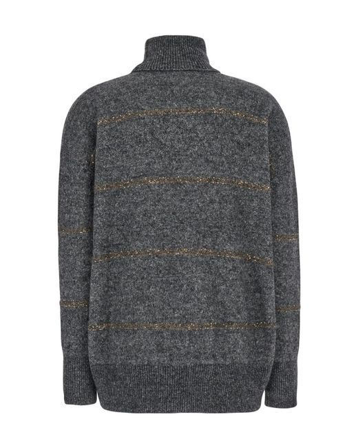 Brunello Cucinelli Gray High Neck Sweater With Stripe Motif