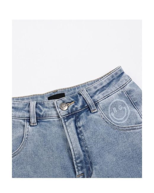 LIU REGALI Blue Straight Jeans With Smiley Face And Crimped Rim