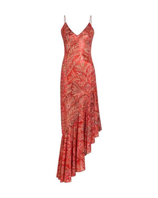 Etro Red Printed Asymmetric Chiffon Maxi Dress