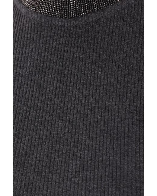 Brunello Cucinelli Black Monili-Detailed Mock Neck Ribbed Top