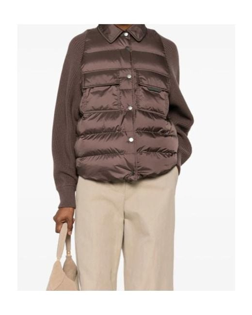 Brunello Cucinelli Brown Quilted-Panel Knit-Sleeve Jacket
