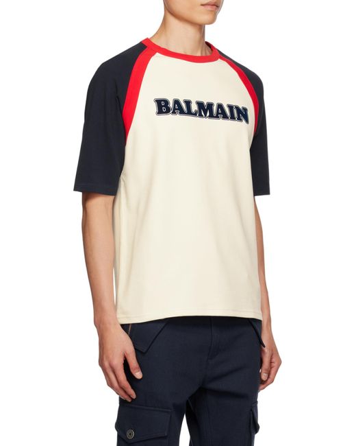 Balmain Blue Flocked Logo Crewneck T-Shirt for men