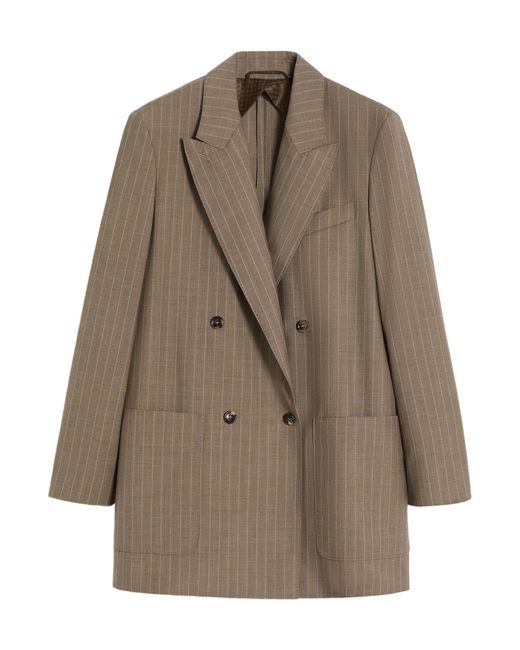 Max Mara Brown Mxmacciaio Double Breasted Oversized Pinstripe Blazer