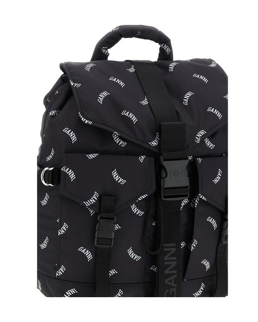 Ganni Black Logo-Print Buckle Backpack