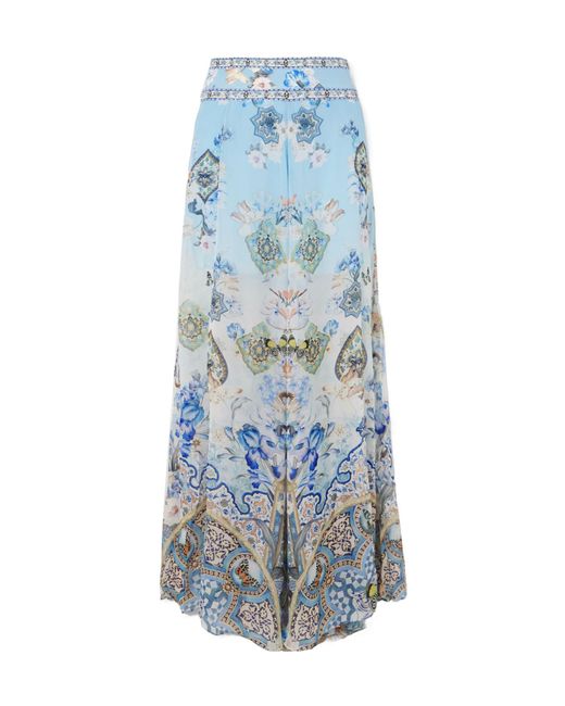 Camilla Blue Al Manial Palace Embellished Printed Silk-Crepon Wide Leg Pants
