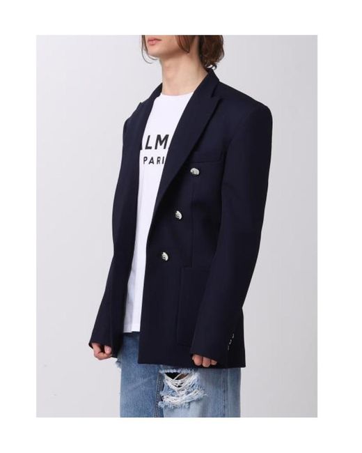Balmain Blue Button-Detailed Wool Blazer for men