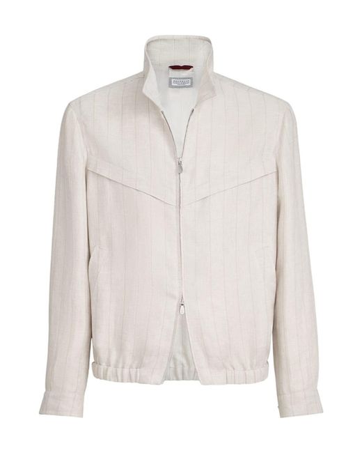 Brunello Cucinelli White Linen Chalk Stripe Chevron Outerwear Jacket for men