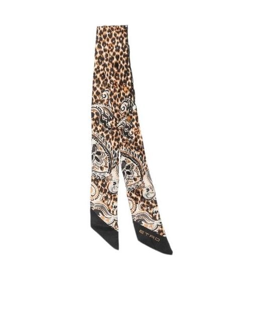Etro White Silk Twill Paisleyina With Fringing And Paisley And Leopard Print