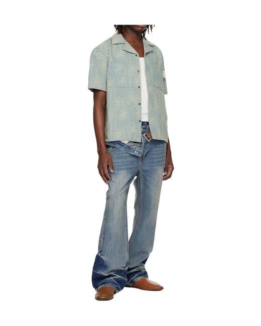 ANDERSSON BELL Blue Floral Embroidered Open Collar Denim Shirt for men