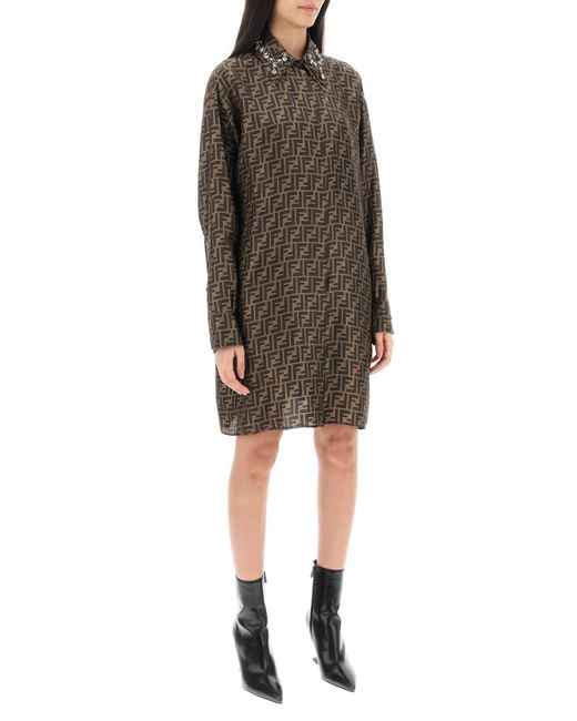 Fendi Women's Brown Logo Jacquard Back Slit Midi Dress