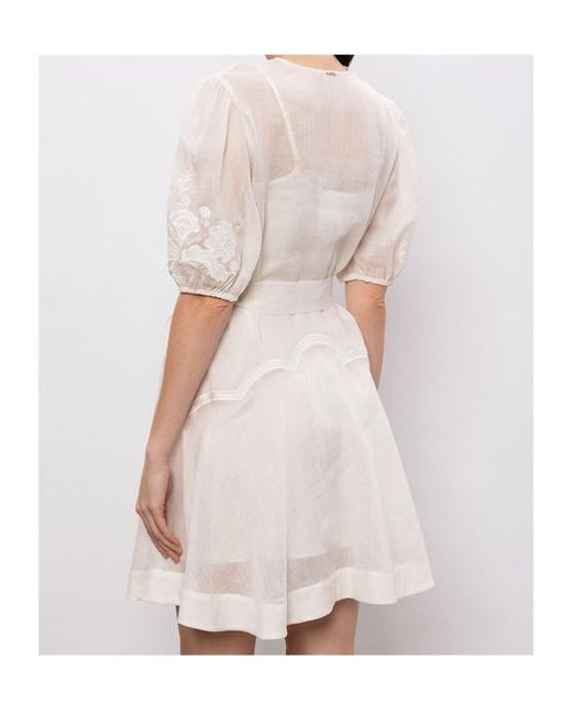 Twinset White Floral-Embroidered Belted Mini Dress