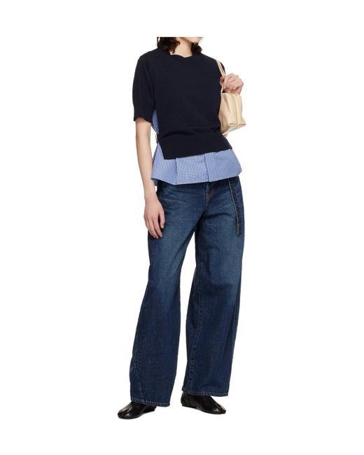 Sacai Blue Short-Sleeved Patchwork Knitwear