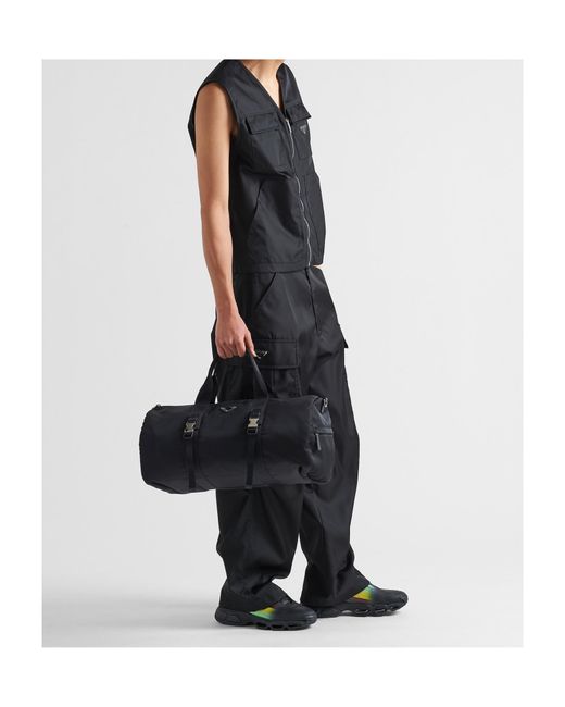 Prada Black Logo Plaque Zip-Up Duffle Bag for men