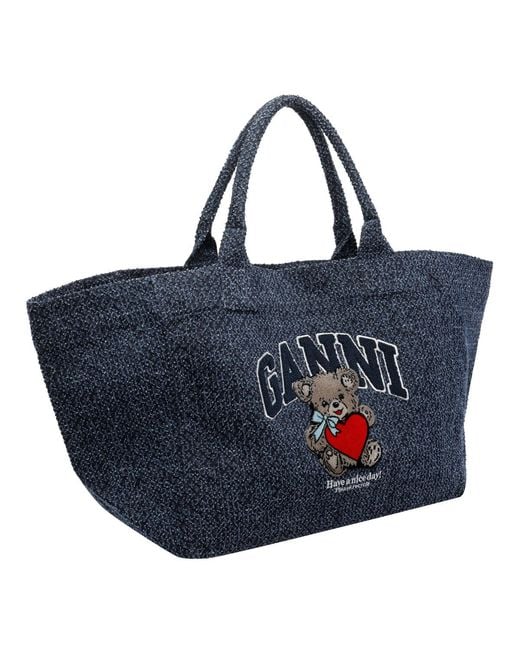 Ganni Blue Xxl Bear Embroidered Tote Bag