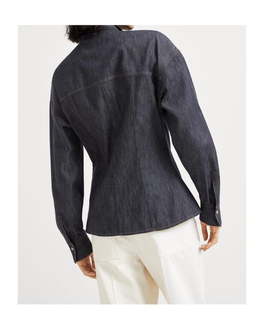 Brunello Cucinelli Blue Lightweight No-Fade Denim Pussybow Shirt