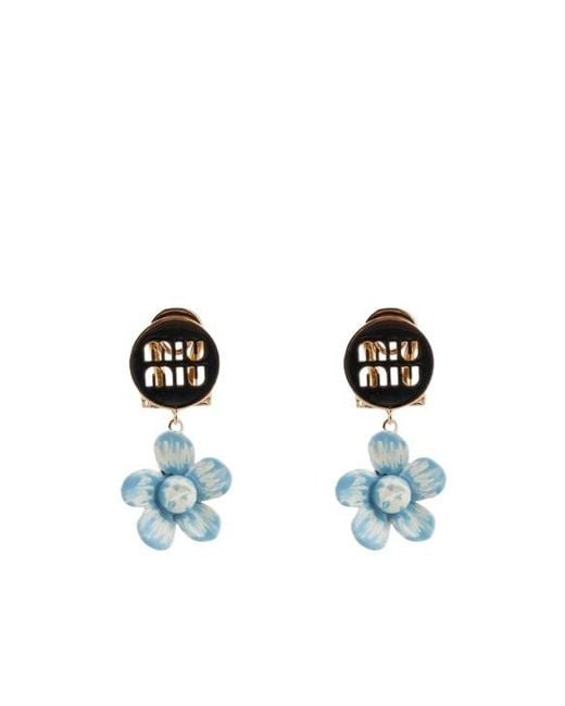 Miu Miu White Flower-Pendant Logo-Plaque Earrings