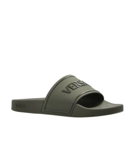 Versace Green Logo Raised Open-Toe Slippers for men