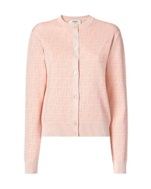 Fendi Pink Ff Jacquard Crewneck Buttoned Cardigan