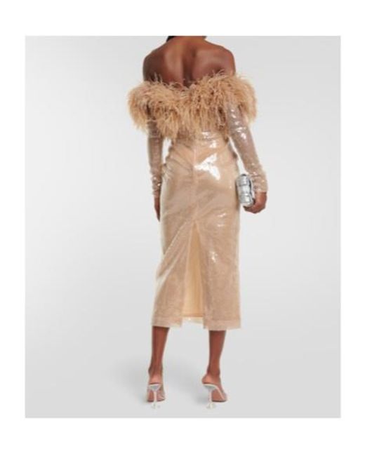 David Koma Natural Feather-Trimmed Sequined Midi Dress