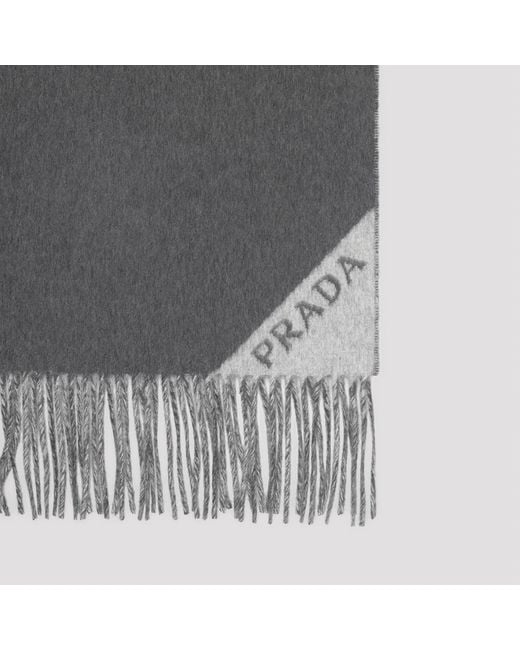 Prada Gray Logo Jacquard Fringed Edge Scarf for men
