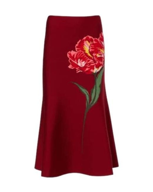 Carolina Herrera Red Floral Jacquard Cotton And Wool Midi Skirt