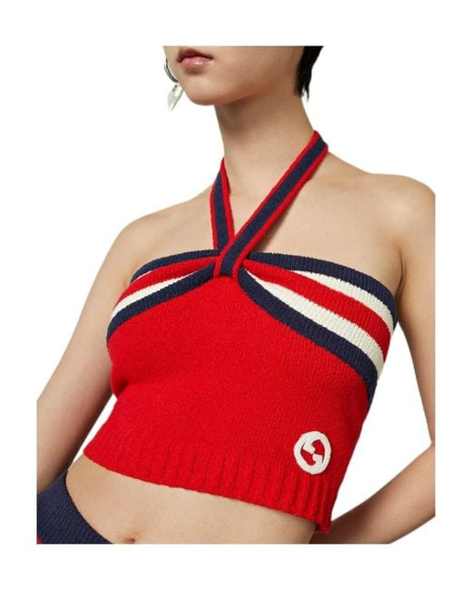 Gucci Red Halterneck Knitted Cropped Top