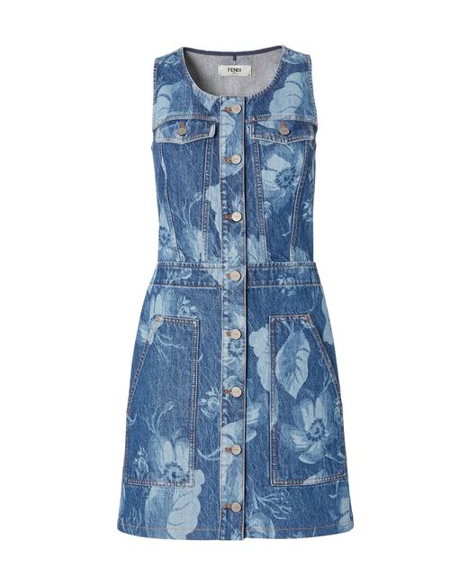 Fendi Blue Floral Printed Sleeveless Denim Mini Dress