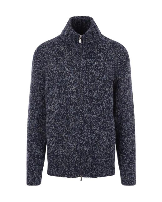Brunello Cucinelli Blue High Neck Zipped Knitted Jumper for men