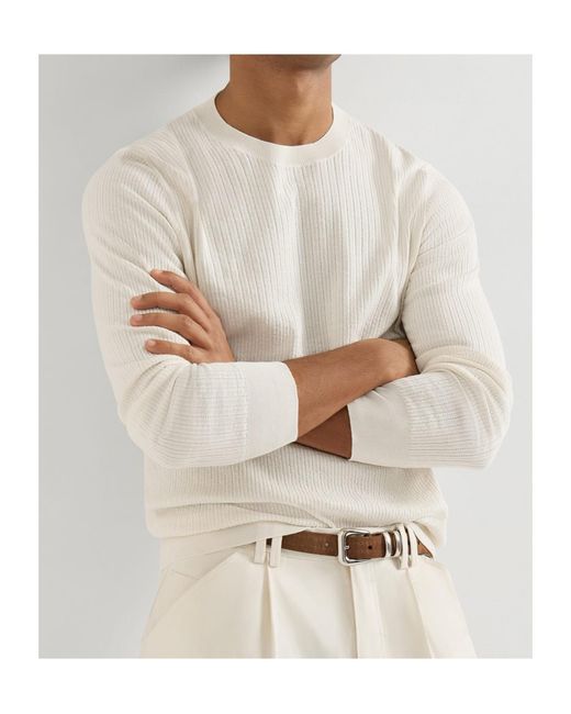Brunello Cucinelli White Cotton Ribbed Sweater for men