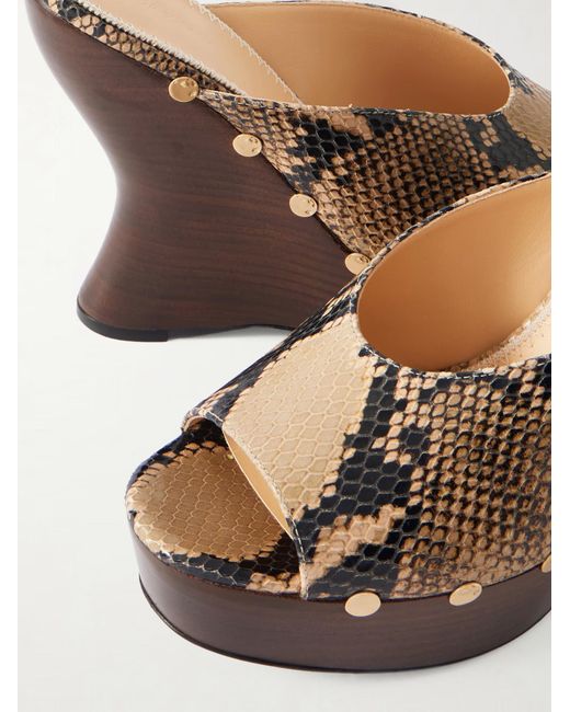Magda Butrym Brown Studded Snake-Effect Leather Wedge Mules
