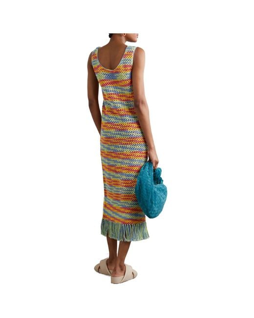 The Elder Statesman Yellow Fringe Crochet Pure Cotton Midi Dress