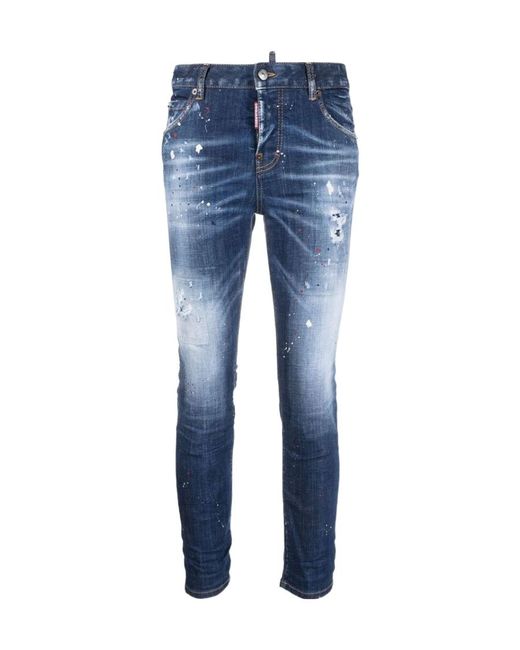 DSquared² Blue Paint Splatter Distressed Skinny Jeans