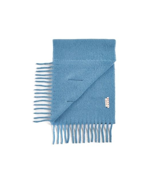 Marni Blue Logo Patch Fringed-Edge Scarf