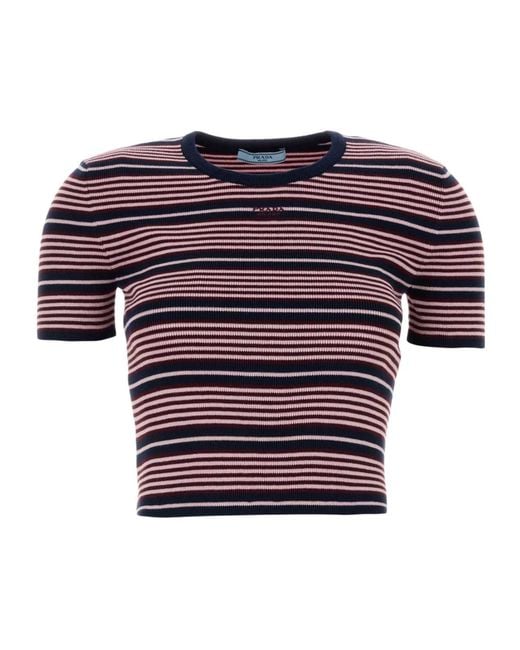 Prada Red Striped Short-Sleeve Knitted Top