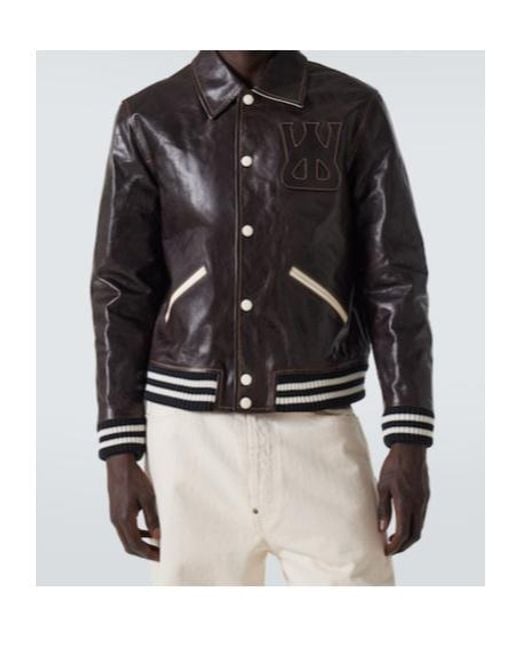 Wales Bonner Black Prince Leather Varsity Jacket for men