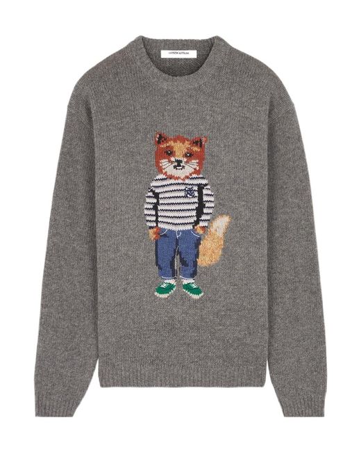 Maison Kitsuné Gray Maison Kitsuné Dressed Fox-Intarsia Crewneck Jumper for men