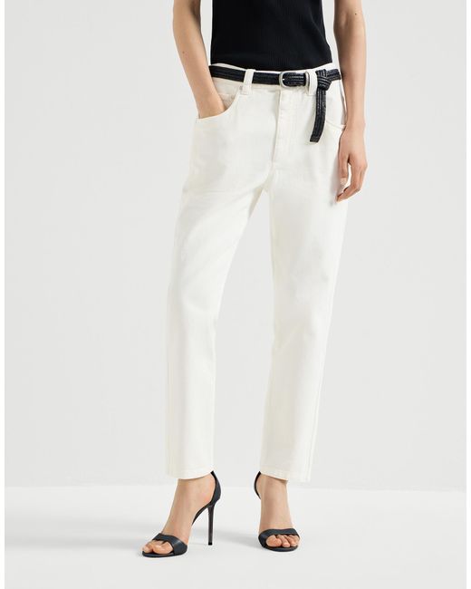 Brunello Cucinelli White Dyed Denim Five-Pocket Straight Trousers With Shiny Bartack