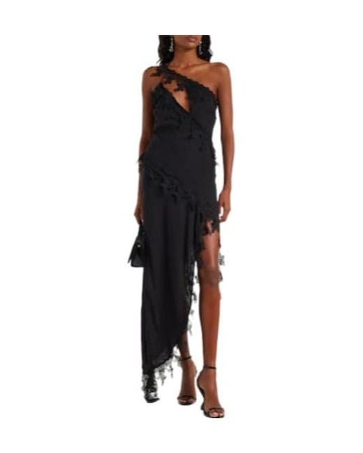 Blumarine Black Asymmetric Lace-Trimmed Midi Dress