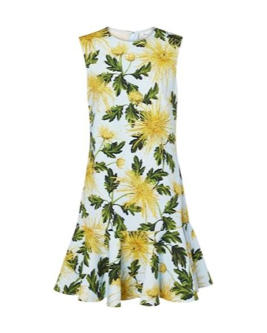 Oscar de la Renta Green Chrysanthemum Pattern Dress