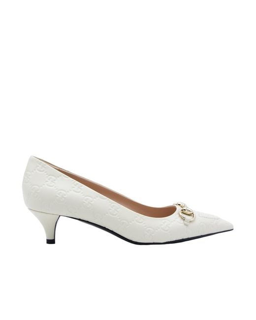 Gucci White Horsebit Detailed Pointed-Toe Pumps
