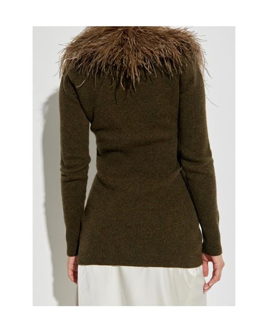 Blumarine Green Feather-Embellished Wool Cardigan