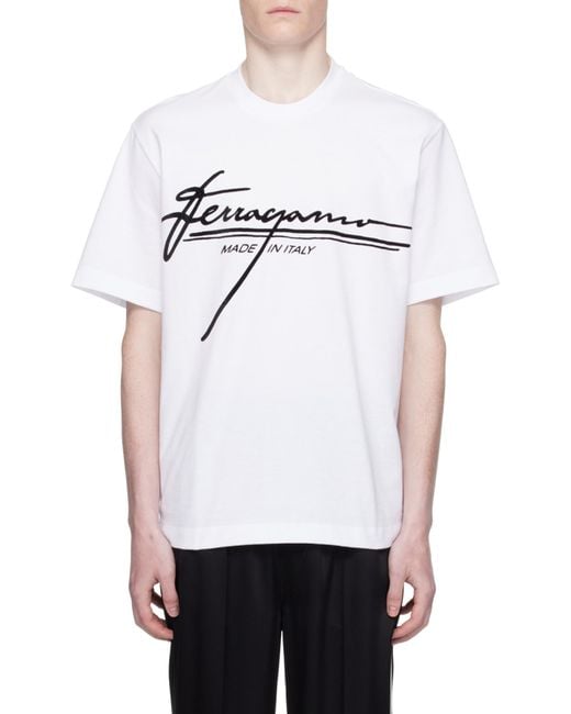 Ferragamo White Ferragamo Flocked Logo Crewneck T-Shirt for men