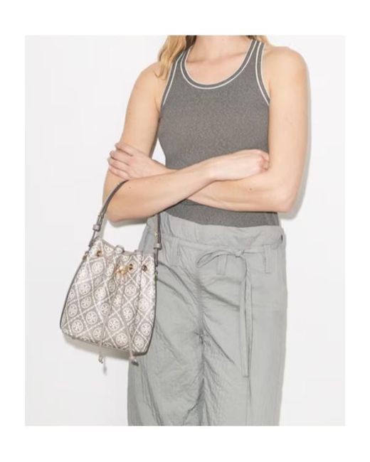 Tory Burch Gray Logo-Jacquard Bucket Bag