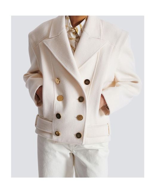 Balmain White Cropped Reefer Jacket